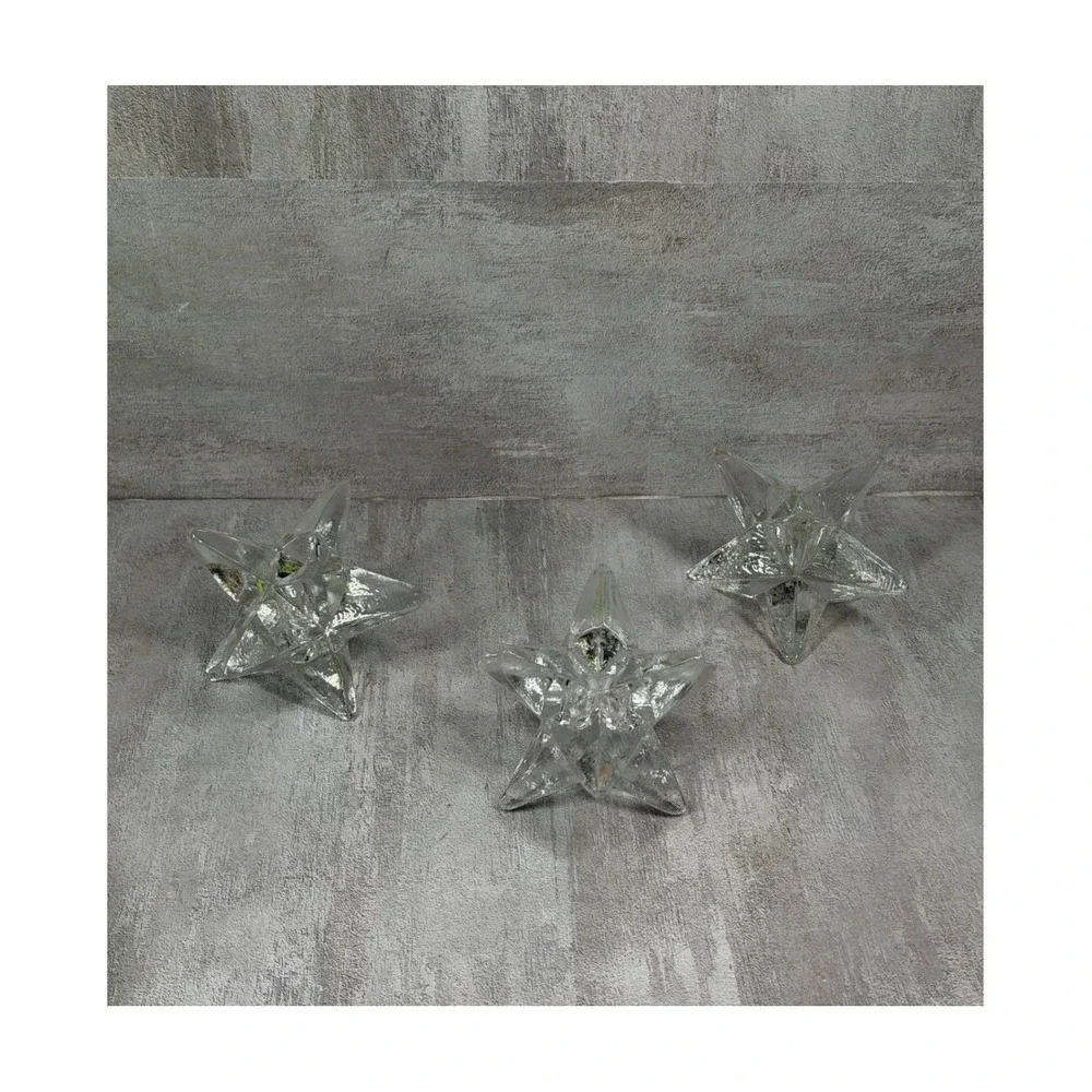 Vintage MCM 9 Point Clear Glass Starburst Candle Holders Set of 3 Celestial 70s